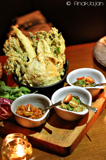 of Northern Thai Relishes with “Nam Prik Ong”, “Nam Prik Goong”, “Nam Prik Num” and Crispy Tempura Vegetables