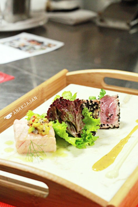 Poached Salmon, Chilli and Honey Lemon Vinaigrete & Crusted Herb Tuna