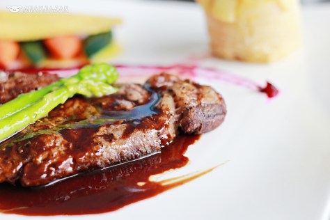Grilled Sirloin of Wagyu with Spring Vegetables, Dauphinoise Potato and Red Wine Demiglace