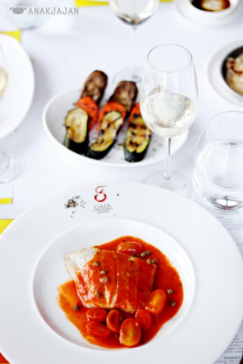 Oven Baked Seabass with Livornese Sauce, Mixed Grilled Vegetables