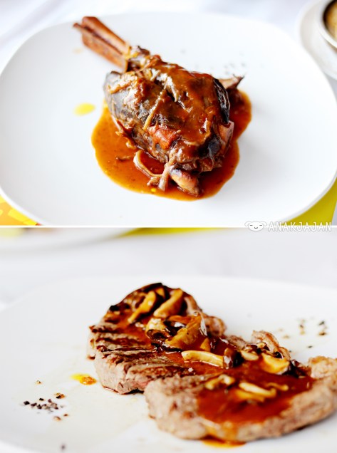 Braised Lamb Shank with Caramelized Onion Sauce, Beef Sirloin with Mushroom Sauce