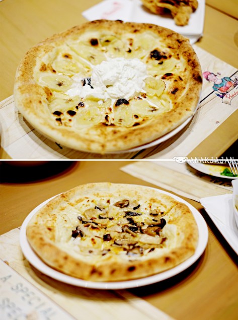 Apple Cinnamon Pizza IDR 55k, Three Japanese Mushroom IDR 65k