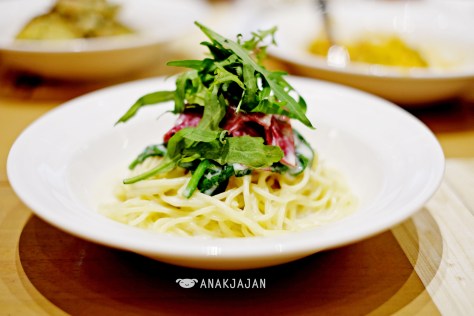 Cream Sauce Style with Smoked Beef, Spinach & Ruola IDR 50k