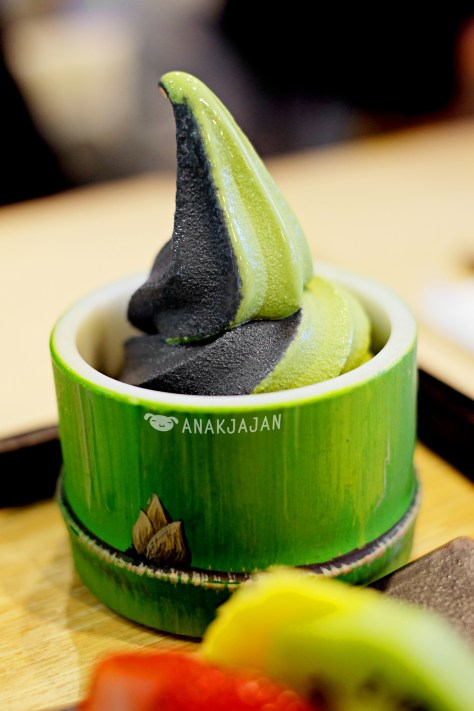 Charcoal Vanilla and Matcha twist softcream