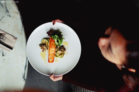 Salmon Grilled with Avocado Mash, Mushroom, and Saffron Sauce IDR 220k