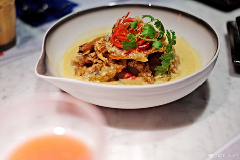 Deep fried soft shell crab yellow curry and kaffir lime leaves IDR 78k