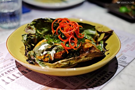 Roasted seabass fillet with coconut red curry Thai basil lime in banana leave IDR 85k