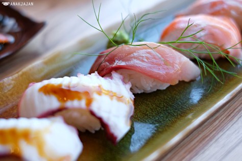 Tako Sushi IDR 19k/pc, Hamachi Sushi IDR 31k/pc, Salmon Belly Sushi IDR 26k/pc