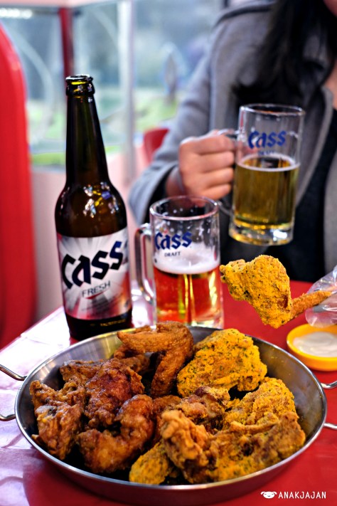 Half & Half Chicken KRW 18.000 (Soy Sauce & Sprinkle flavor), Cass Beer 500ml KRW 4.500