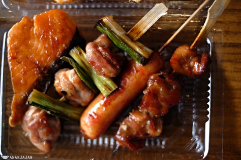 Salmon Steak IDR 20k, Negima Skewer IDR 9k, Salmon Sausage IDR 12k and Torini Skewer IDR 9k