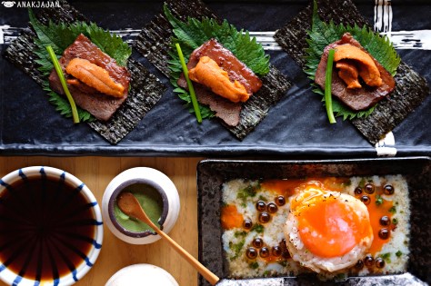 Nori Seaweed, Beef, Uni, Shiso and Spring Onion, Aburi Engawa Onsen Roll IDR 55k (1pcs)